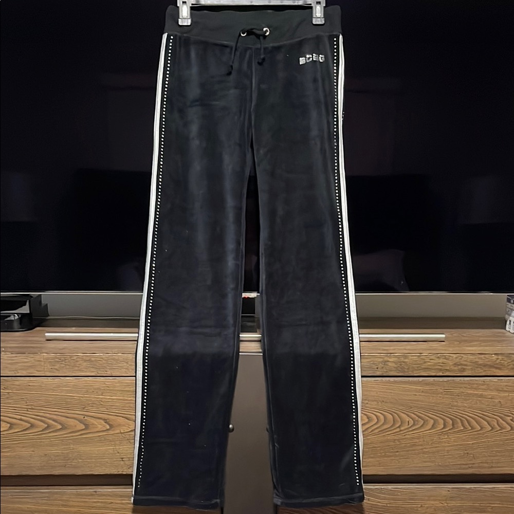 BCBG Black Velour Track Pants with Silver Stripes